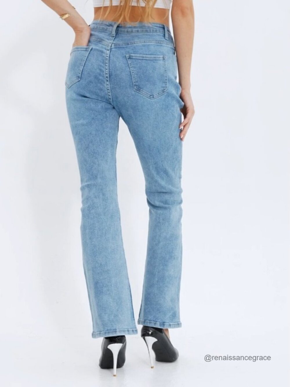 High Rise Flare Jeans Rhinestone Stretchy Denim Patch Pockets - Picture 6 of 6